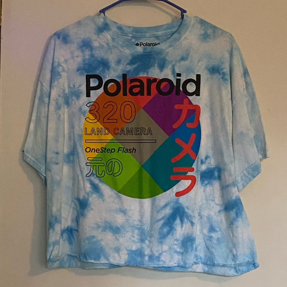 Polaroid Blue Tie-Dye Japanese Text Cropped Graphic Tee